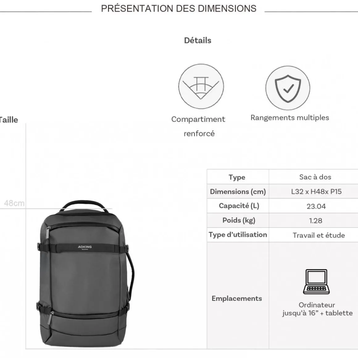 Sac à dos porte-ordinateur et voyage Aoking 16''