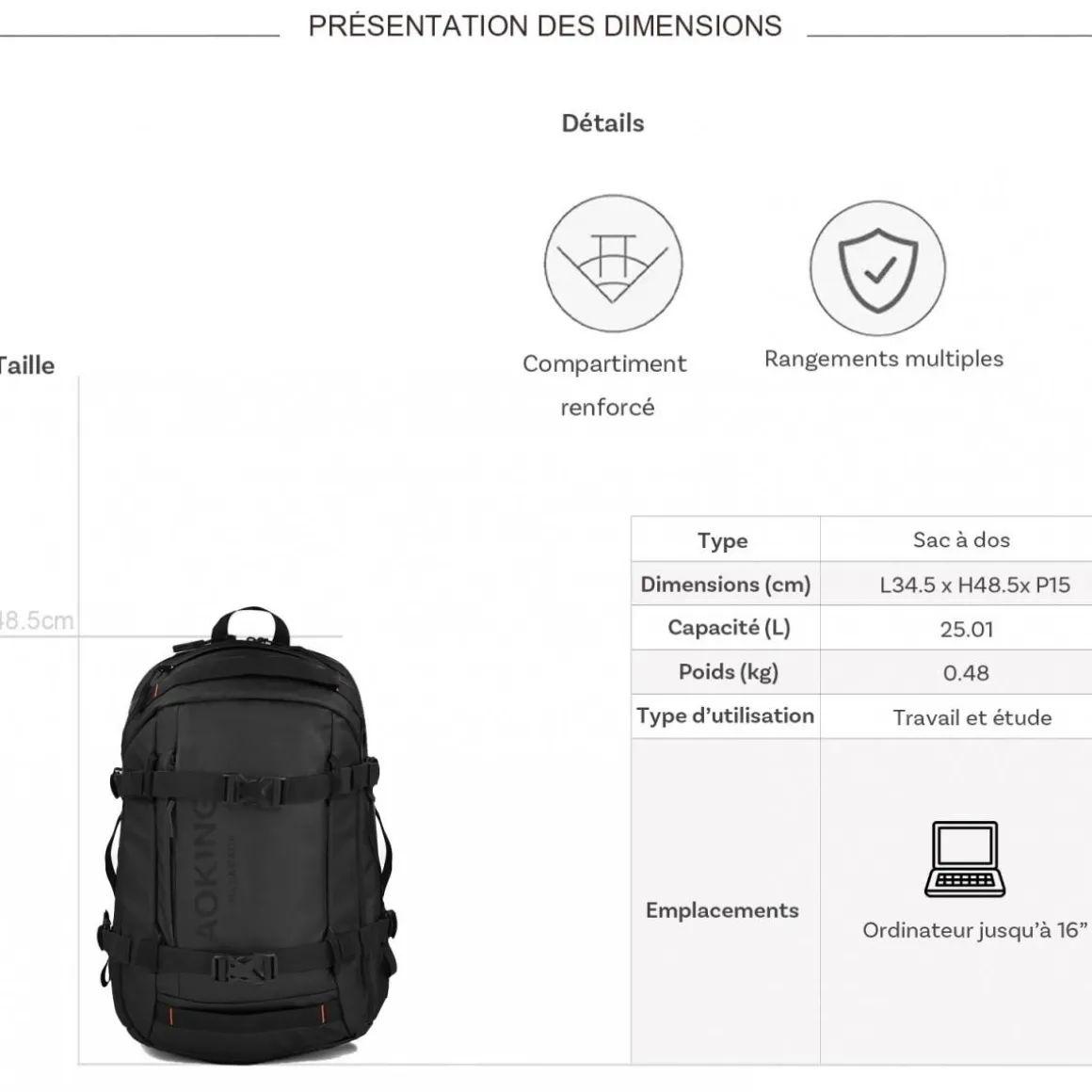 Sac à dos porte-ordinateur Aoking 16''