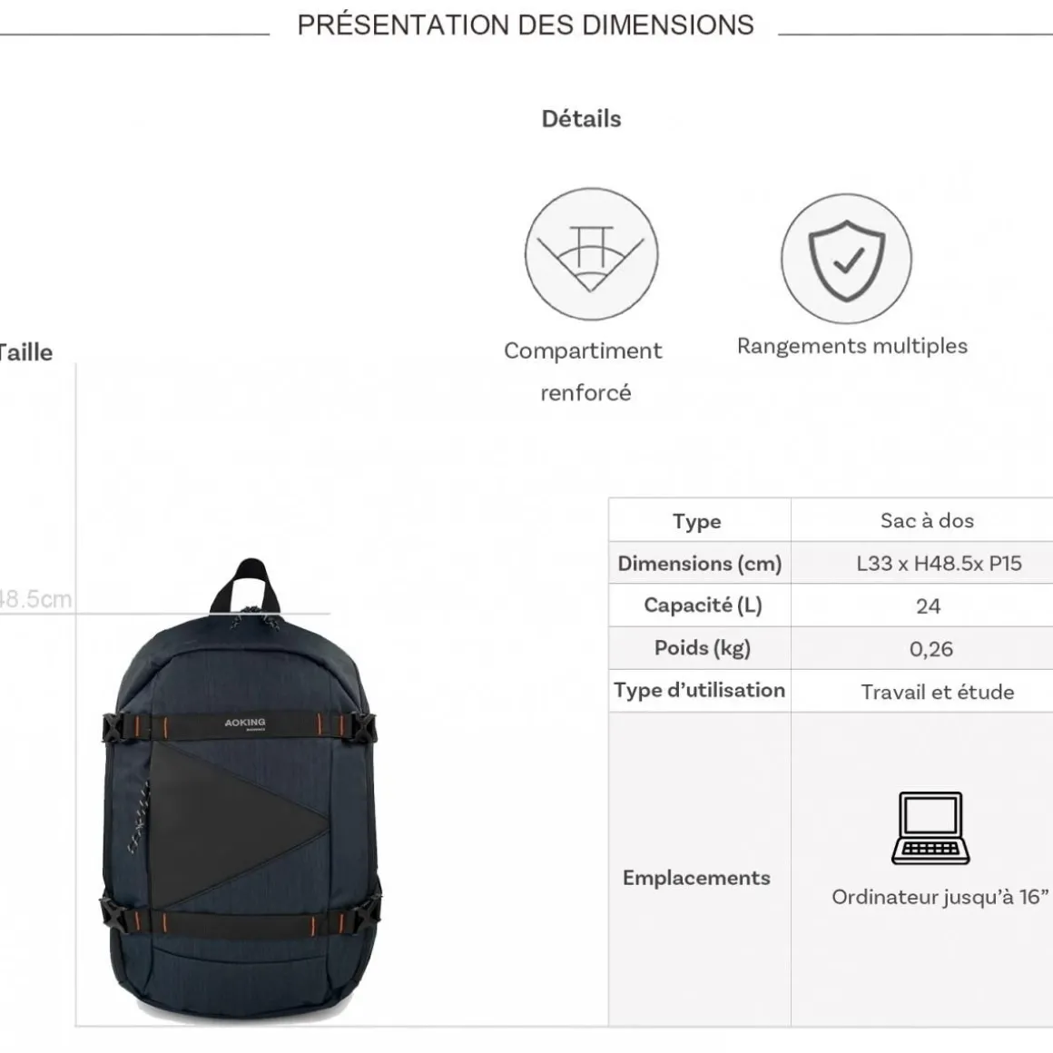 Sac à dos porte-ordinateur Aoking 16''