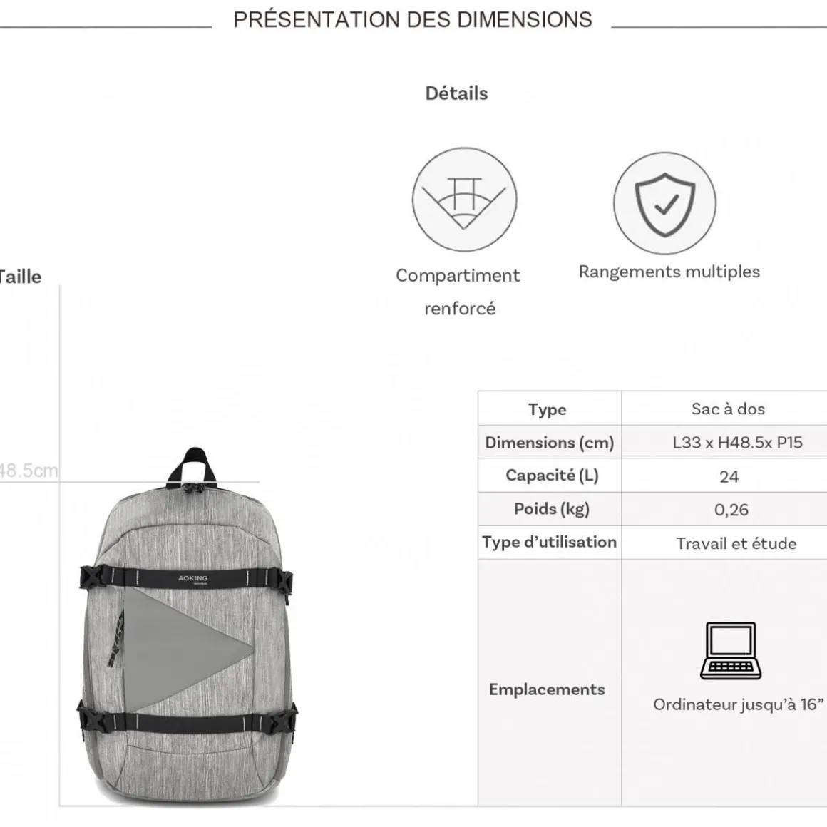 Sac à dos porte-ordinateur Aoking 16''
