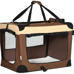 Sac de transport pour chien et chat pliable - poignée, 3 entrées zippées, poche - coussin amovible inclus - acier oxford polyester marron noir