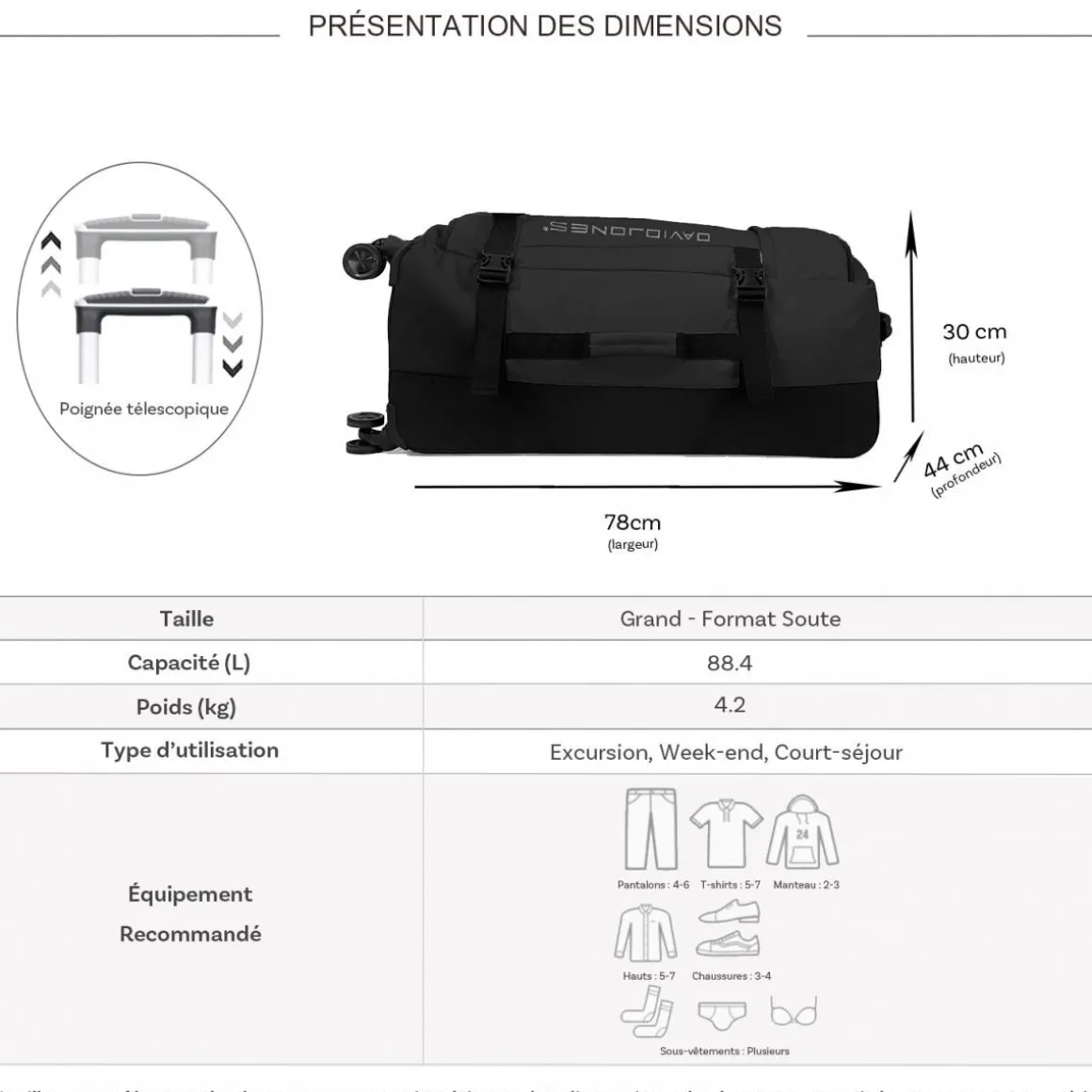 Sac de voyage à roulettes 88L simple compartiment 78cm