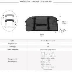 Sac de voyage à roulettes 74L double compartiment 70cm