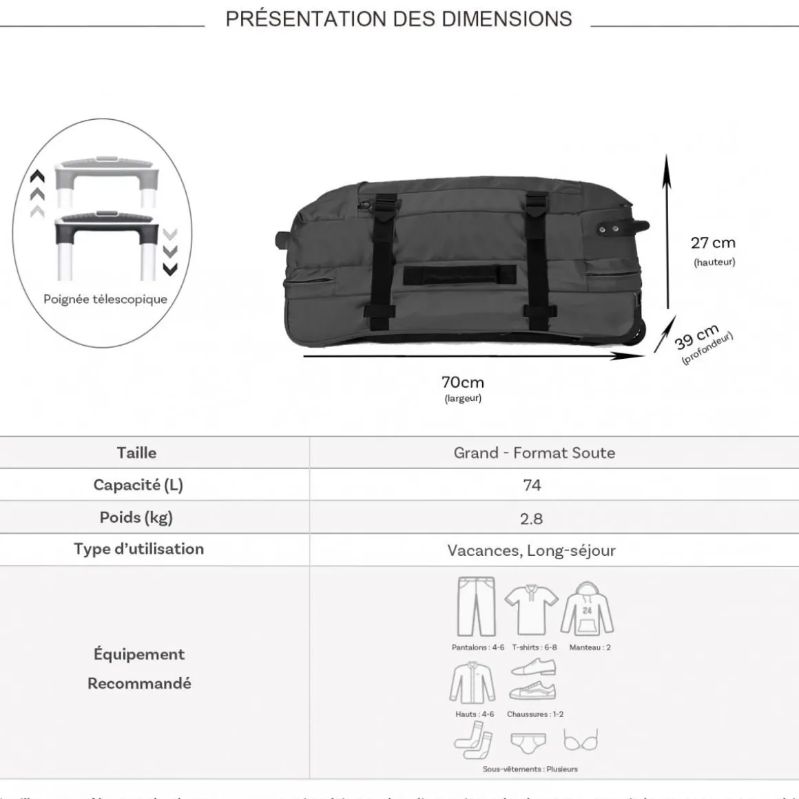 Sac de voyage à roulettes 74L double compartiment 70cm