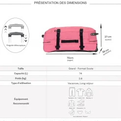 Sac de voyage à roulettes 74L double compartiment 70cm