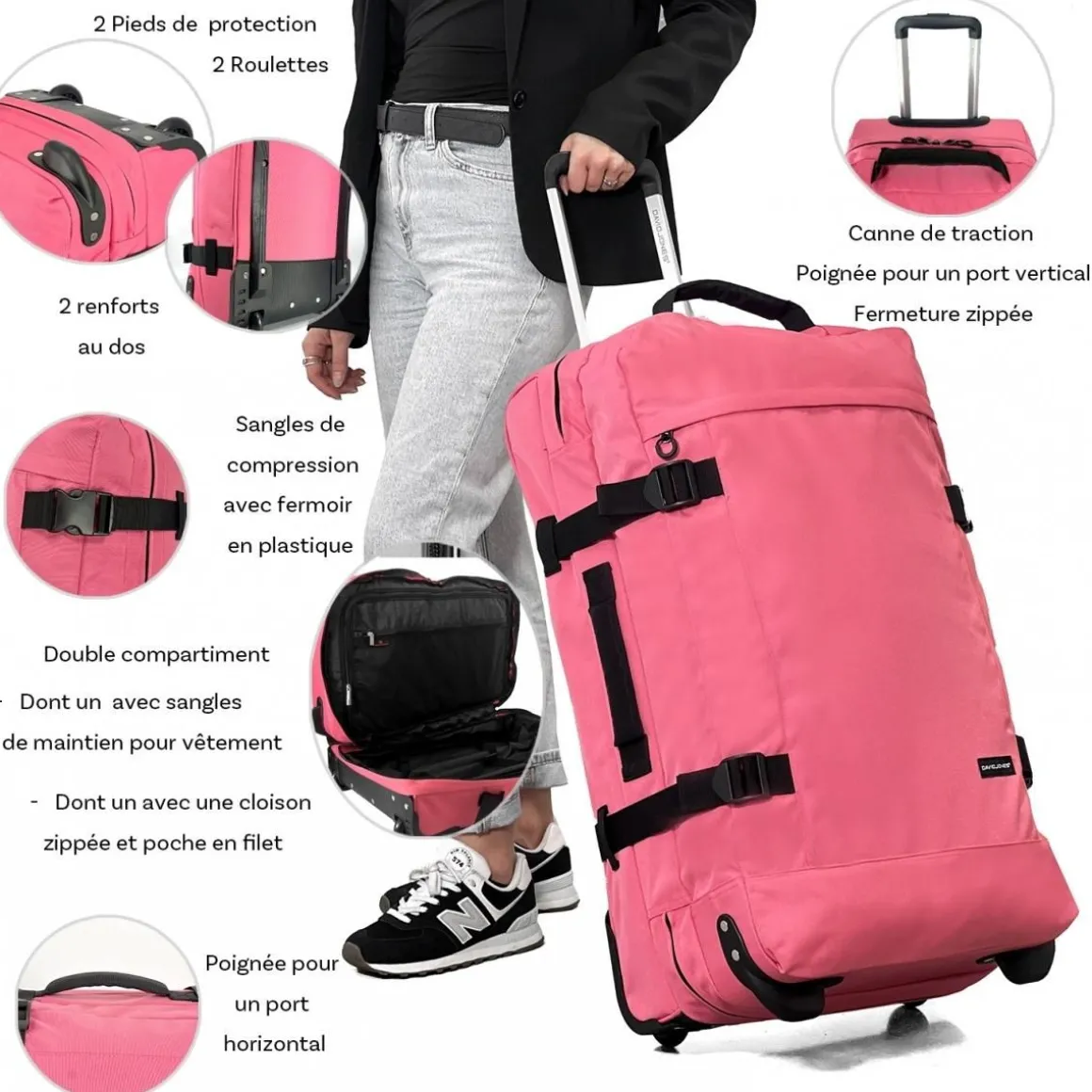 Sac de voyage à roulettes 74L double compartiment 70cm