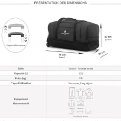 Sac de voyage à roulettes 105L double compartiment 75cm