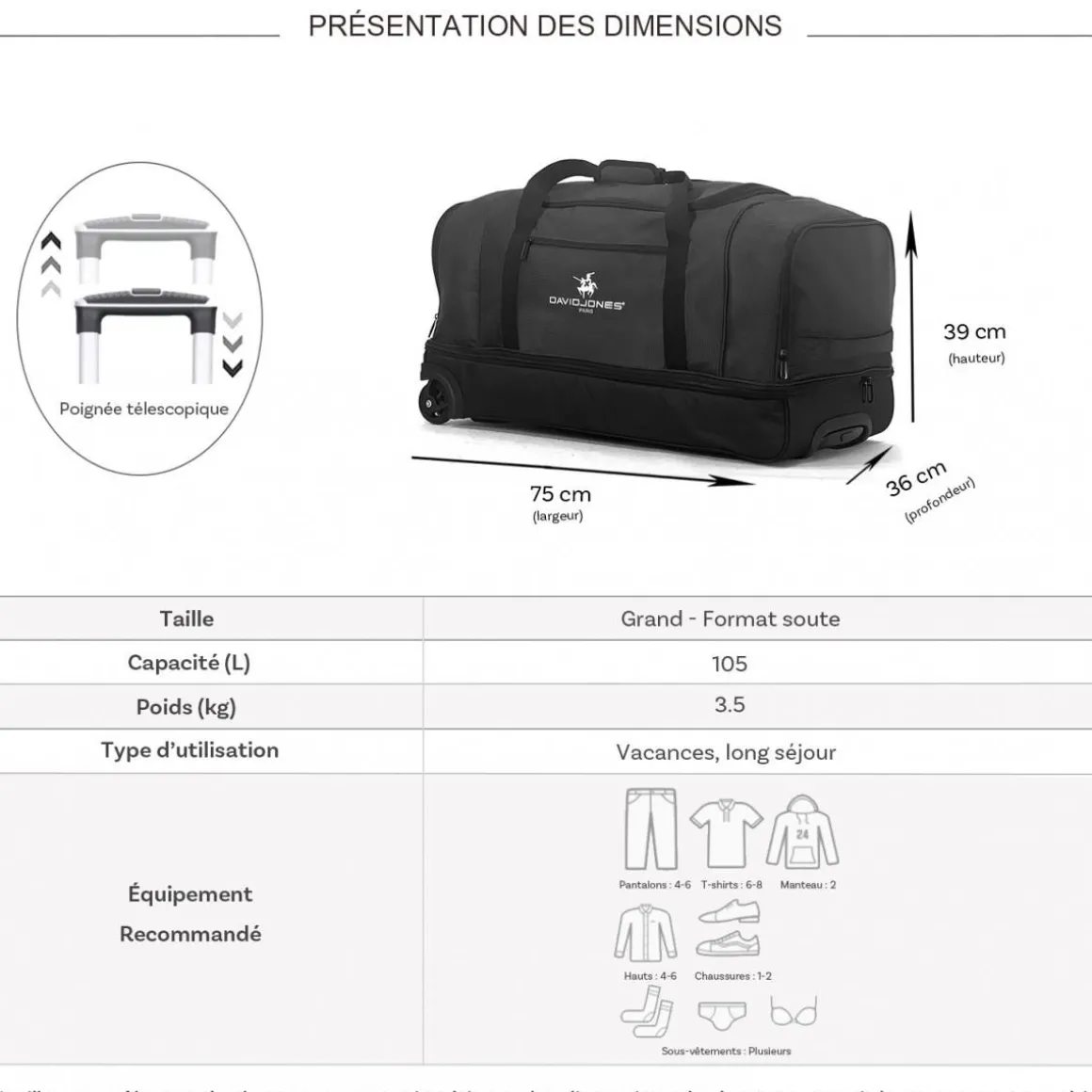 Sac de voyage à roulettes 105L double compartiment 75cm