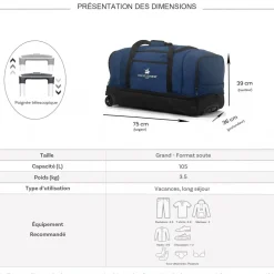 Sac de voyage à roulettes 105L double compartiment 75cm