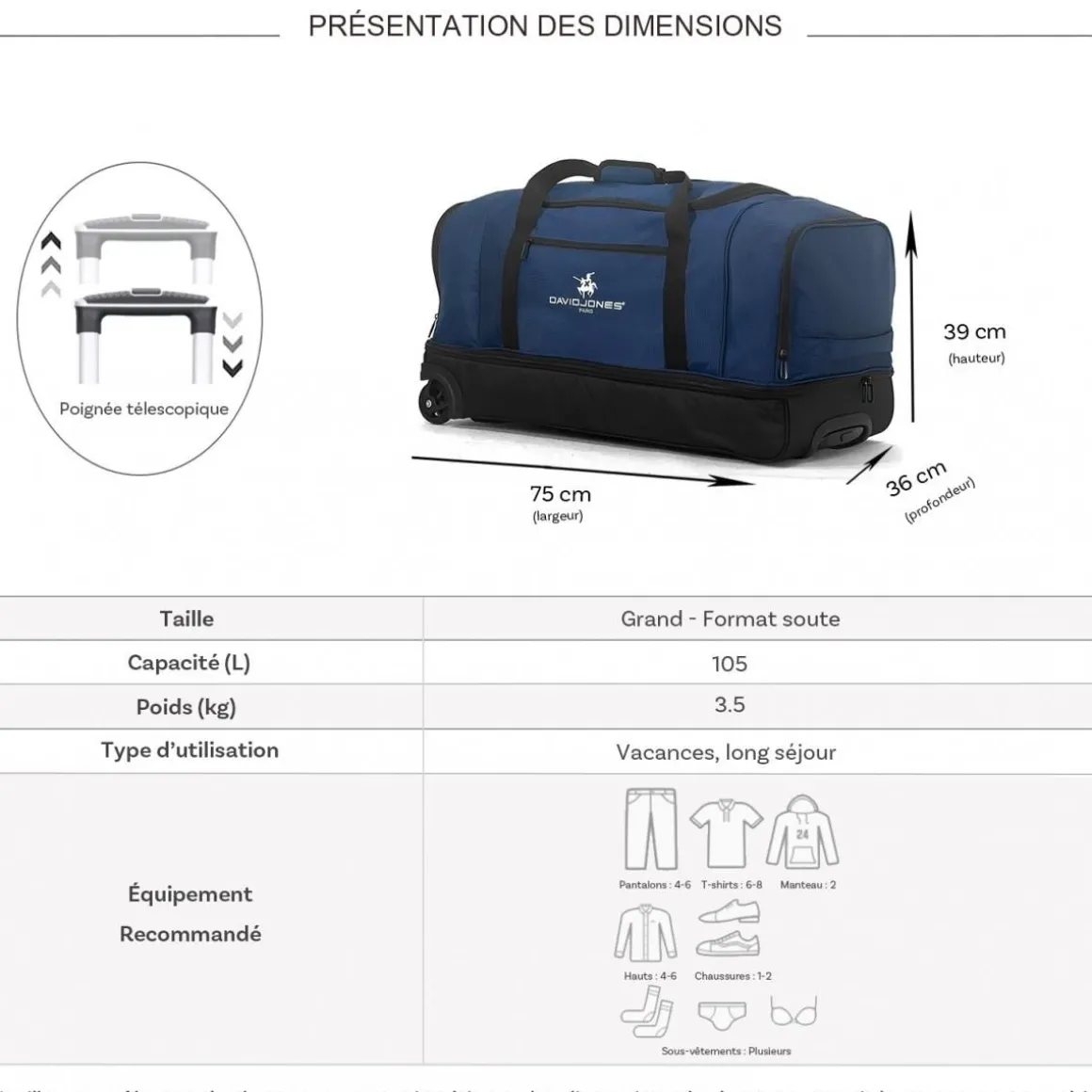 Sac de voyage à roulettes 105L double compartiment 75cm
