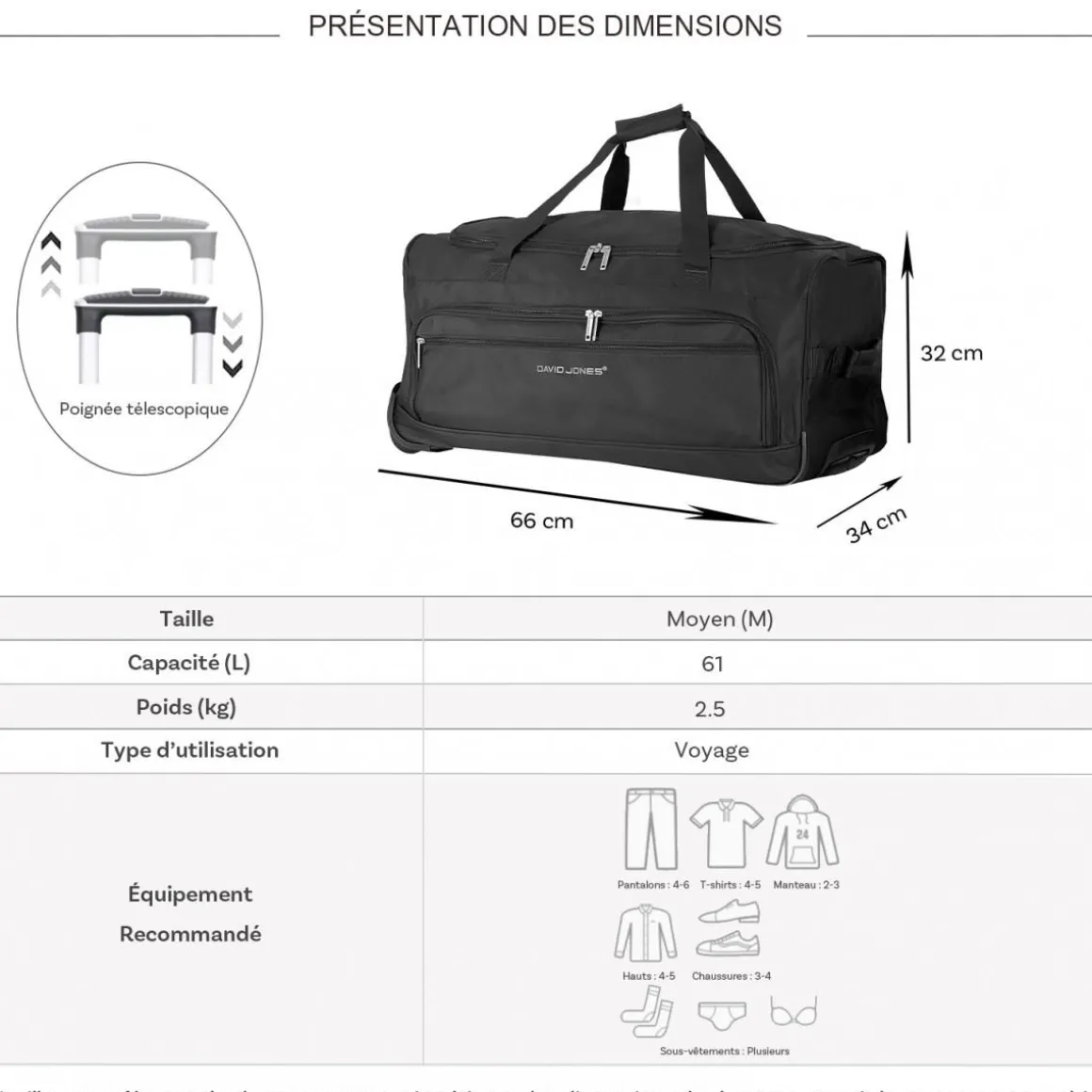 Sac de voyage avec roulettes 61L 66cm