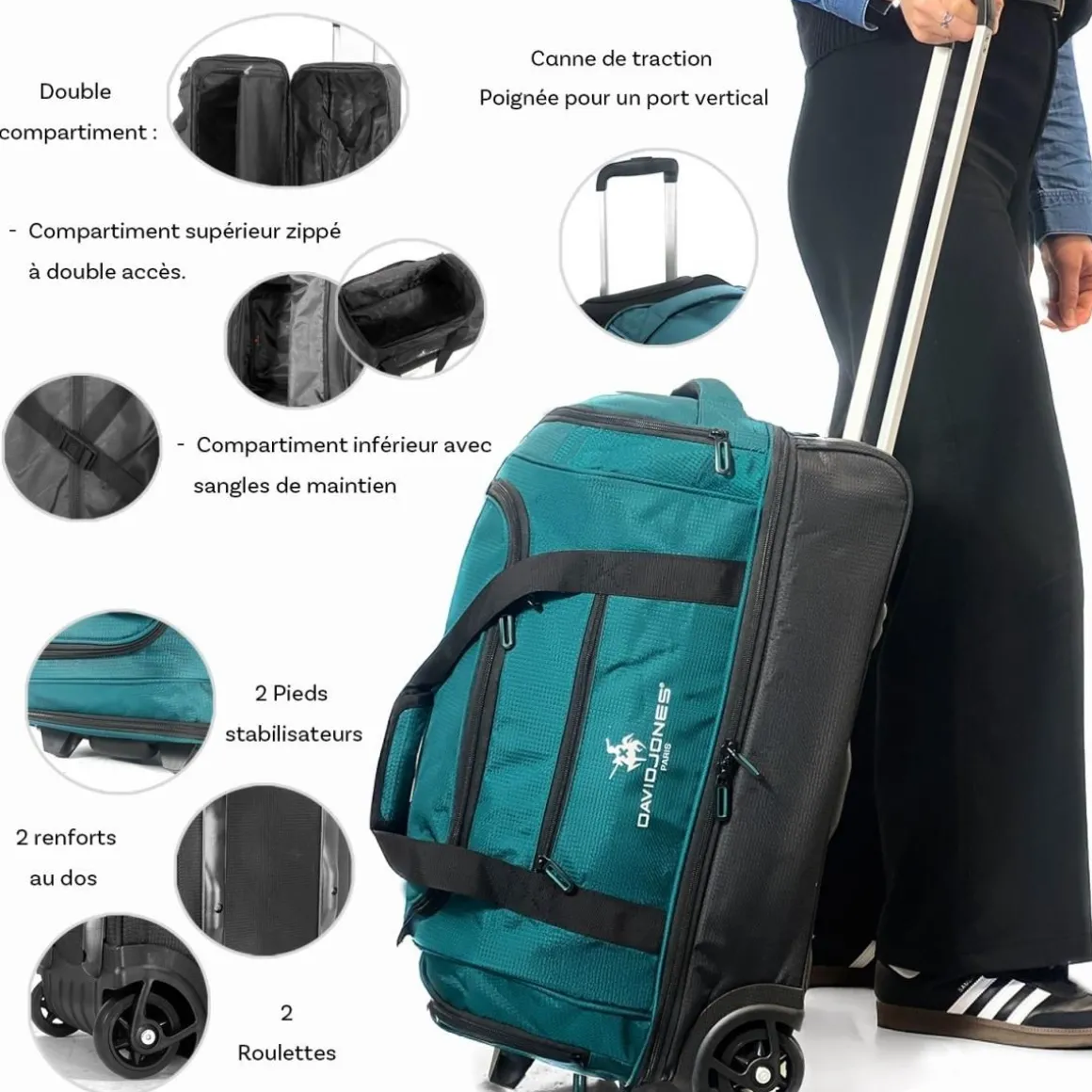 Sac de voyage cabine à roulettes 48L double compartiment 55cm