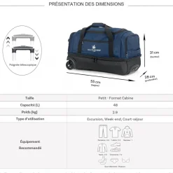 Sac de voyage cabine à roulettes 48L double compartiment 55cm