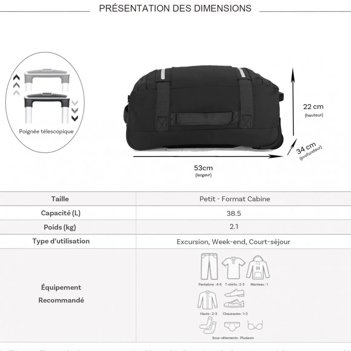 Sac de voyage cabine à roulettes 38.5L 53cm