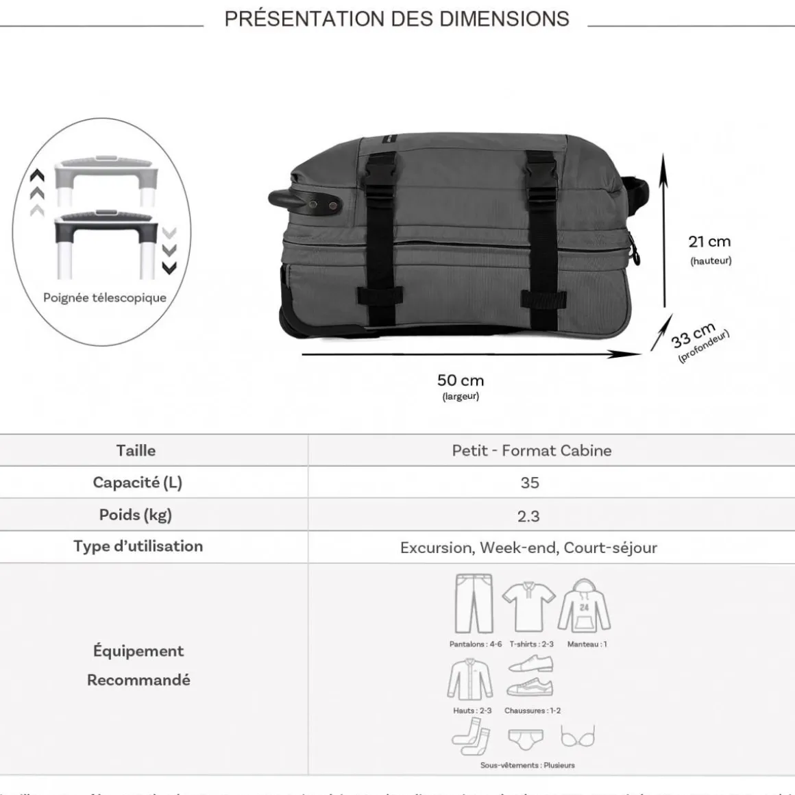 Sac de voyage cabine à roulettes 35L double compartiment 50cm