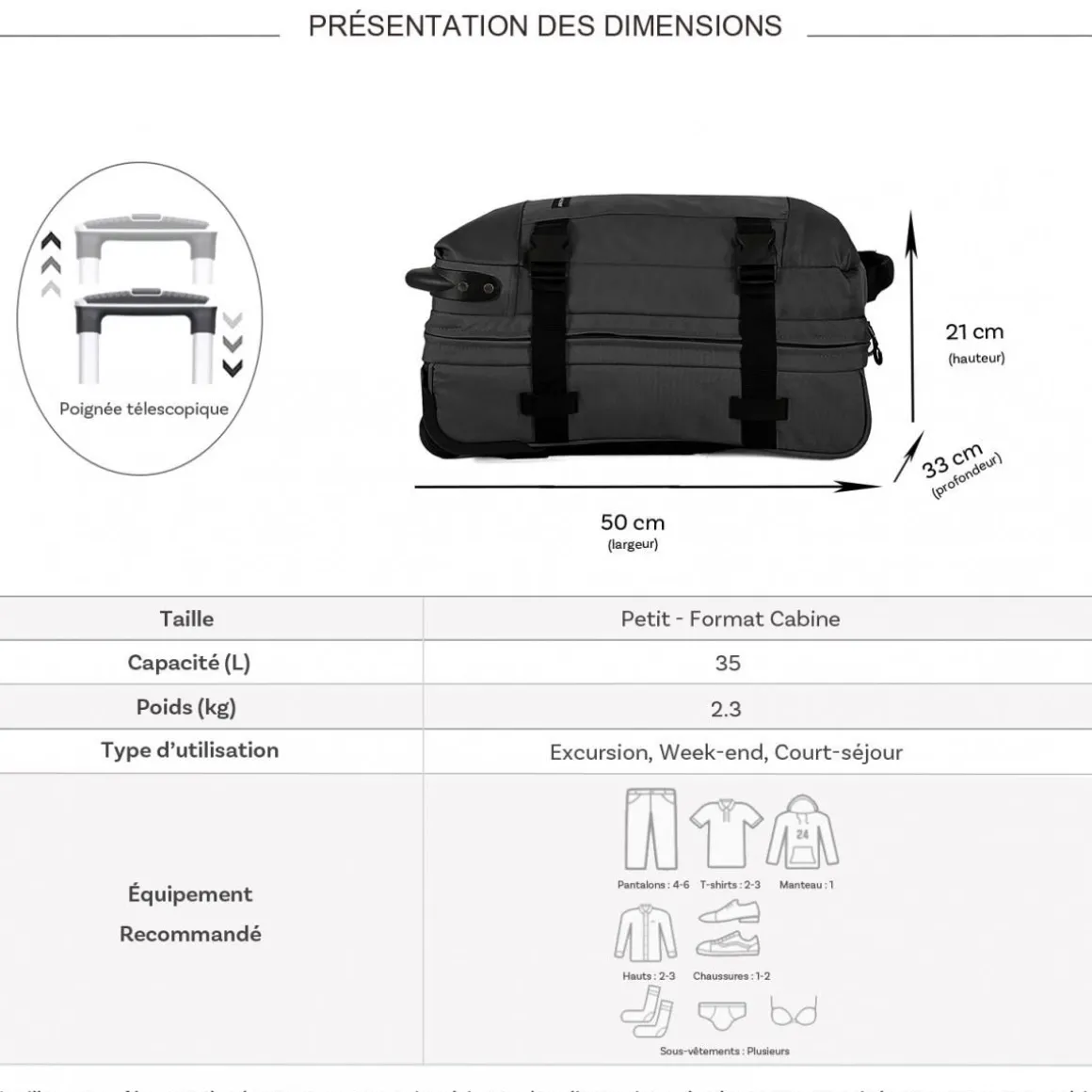 Sac de voyage cabine à roulettes 35L double compartiment 50cm