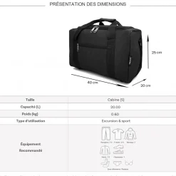 Sac de voyage 20L week-end et sport format Ryan Air sans roulettes