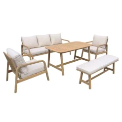 Salon de jardin 7 places CARNOTA DINING en bois d'acacia. table rectangulaire. coussins gris