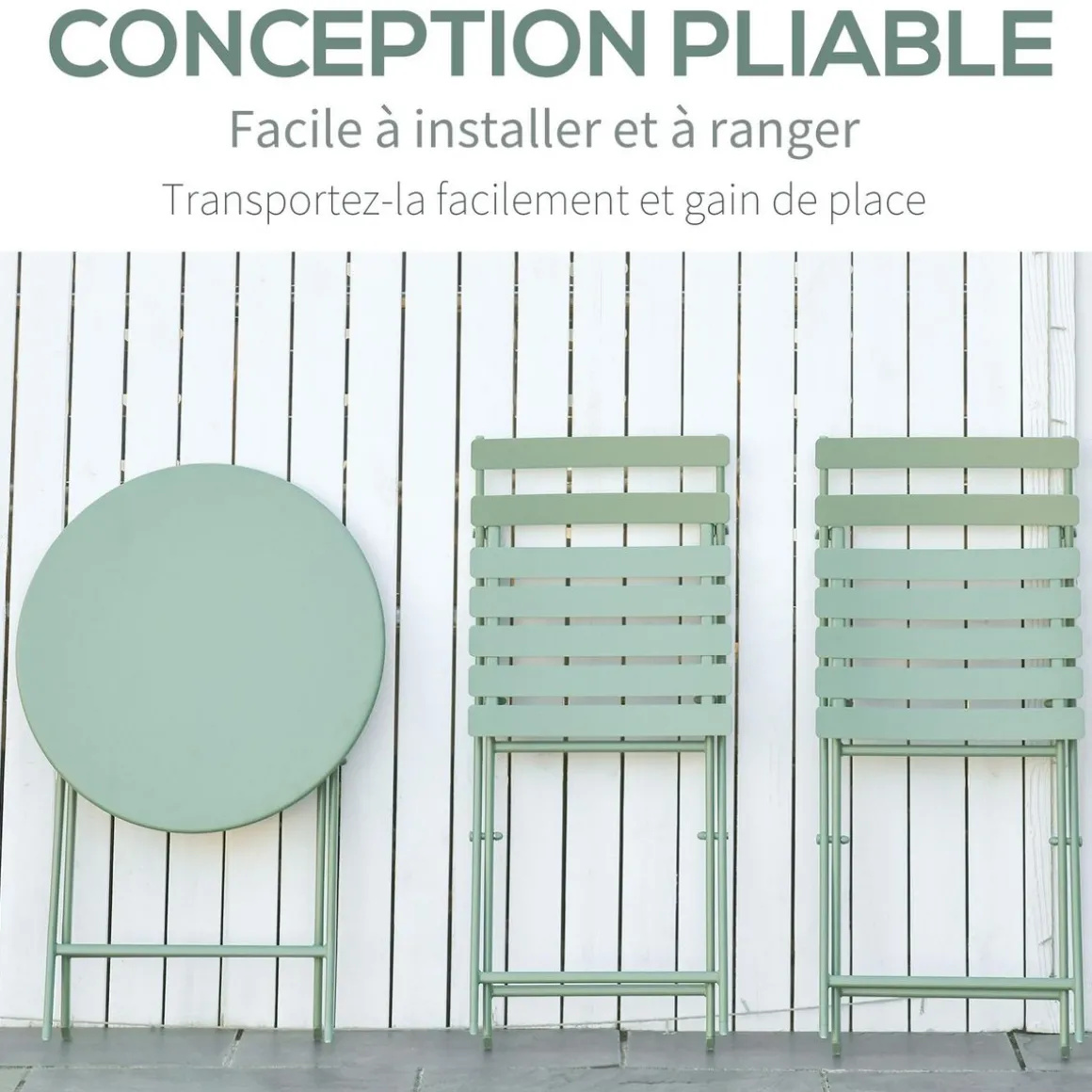 Salon de jardin bistro pliable - table ronde Ø 60 cm avec 2 chaises pliantes - métal thermolaqué vert d'eau