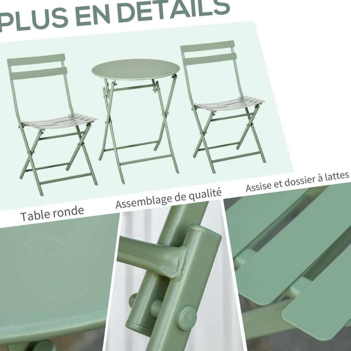 Salon de jardin bistro pliable - table ronde Ø 60 cm avec 2 chaises pliantes - métal thermolaqué vert d'eau