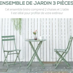 Salon de jardin bistro pliable - table ronde Ø 60 cm avec 2 chaises pliantes - métal thermolaqué vert d'eau
