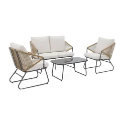 Salon de jardin métal et résine naturelle. effet corde. coussins beiges. 4 places