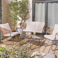 Salon de jardin métal et résine naturelle. effet corde. coussins beiges. 4 places