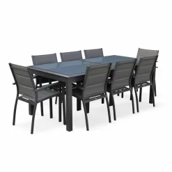 Salon de jardin table extensible - Philadelphie Gris anthracite - Table en aluminium 200/300cm. plateau de verre. rallonge et 8 fauteuils en textilène