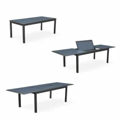 Salon de jardin table extensible - Philadelphie Gris anthracite - Table en aluminium 200/300cm. plateau de verre. rallonge et 8 fauteuils en textilène