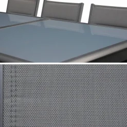 Salon de jardin table extensible - Philadelphie Gris anthracite - Table en aluminium 200/300cm. plateau de verre. rallonge et 8 fauteuils en textilène