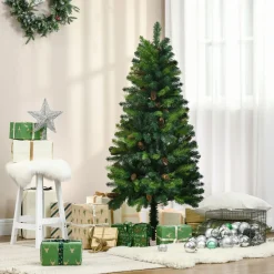 Sapin de Noël artificiel aspect réaliste Ø 60 x 150H cm 24 pommes de pin 360 branches imitation Nordmann