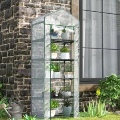 Serre de jardin balcon 5 étagères porte zippée 69 x 49 x 193 cm acier thermolaqué bâche PE blanc