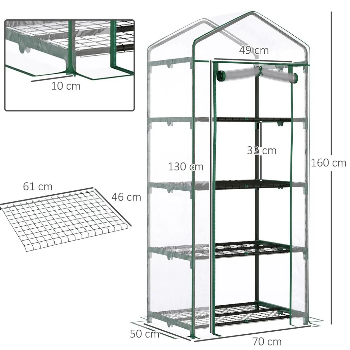 Serre de jardin balcon étagère serre 4 niveaux 0,7L x 0,5l x 1,6H m acier époxy bâche amovible PVC haute densité transparente