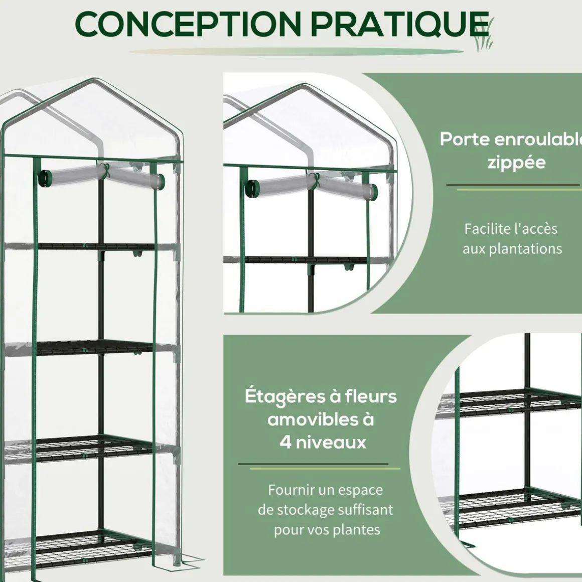 Serre de jardin balcon étagère serre 4 niveaux 0,7L x 0,5l x 1,6H m acier époxy bâche amovible PVC haute densité transparente