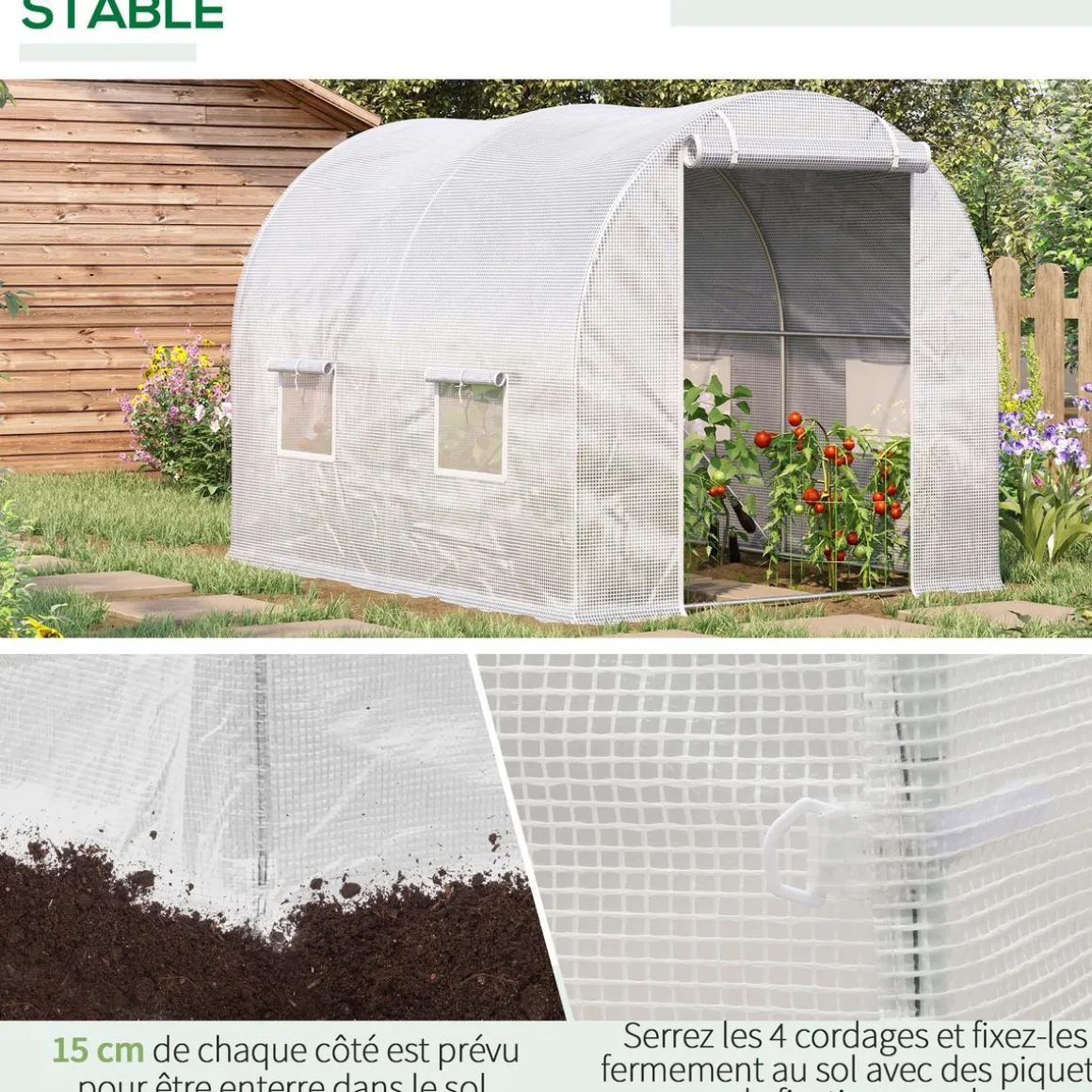 Serre de jardin tunnel 6 m² 3L x 2l x 1,9H m acier galvanisé renforcé diamètre 2,4 cm + PE haute densité fenêtres porte blanc