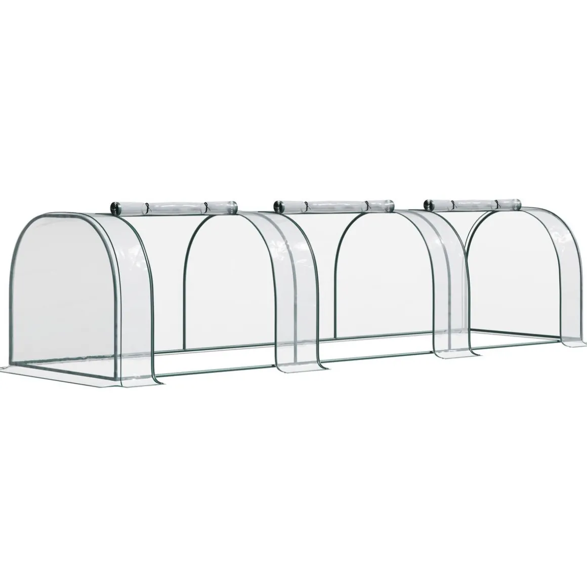 Serre de jardin tunnel 3,5L x 1l x 0,8H m 3 portes zippées bâche PVC transparent métal époxy vert