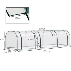 Serre de jardin tunnel 3,5L x 1l x 0,8H m 3 portes zippées bâche PVC transparent métal époxy vert