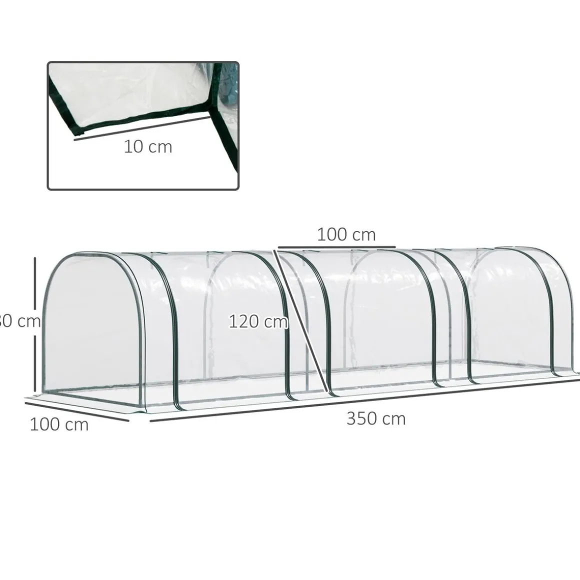 Serre de jardin tunnel 3,5L x 1l x 0,8H m 3 portes zippées bâche PVC transparent métal époxy vert