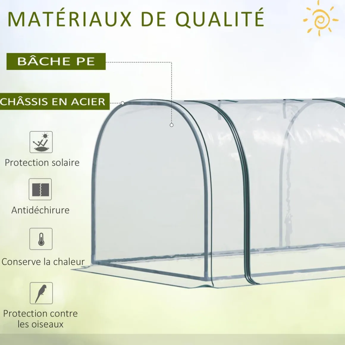 Serre de jardin tunnel 3,5L x 1l x 0,8H m 3 portes zippées bâche PVC transparent métal époxy vert