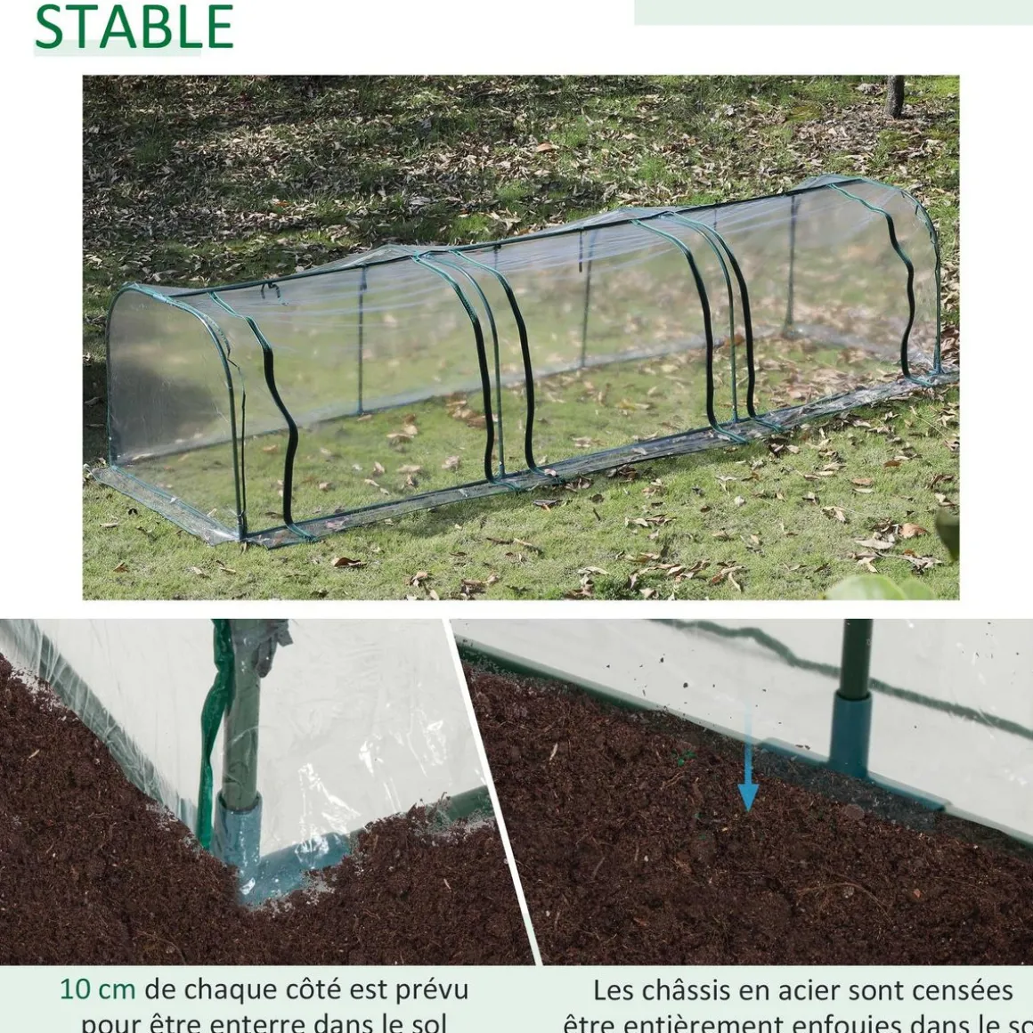 Serre de jardin tunnel 3,5L x 1l x 0,8H m 3 portes zippées bâche PVC transparent métal époxy vert