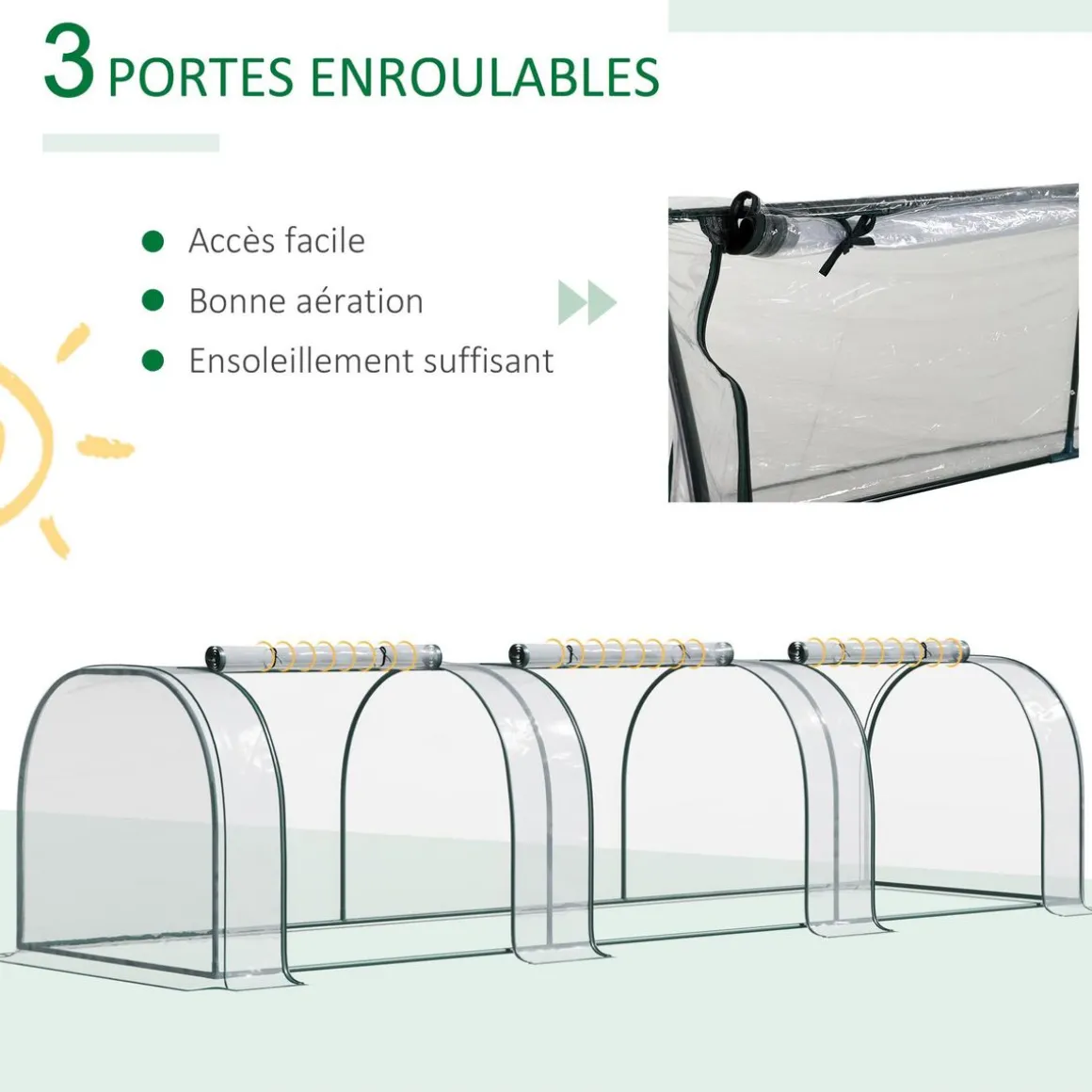 Serre de jardin tunnel 3,5L x 1l x 0,8H m 3 portes zippées bâche PVC transparent métal époxy vert
