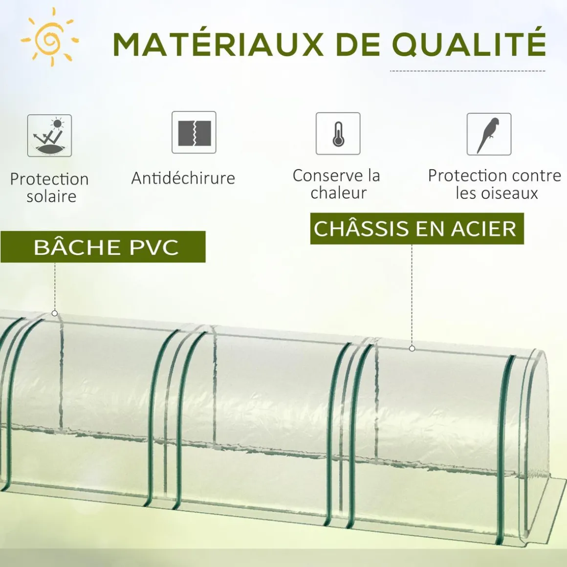 Serre de jardin tunnel 2,95L x 1l x 0,8H m 3 portes zippées bâche PVC transparent métal époxy vert