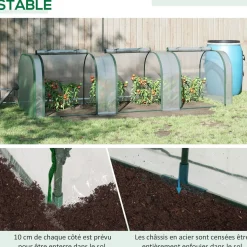 Serre de jardin tunnel 2,95L x 1l x 0,8H m 3 portes zippées bâche PVC transparent métal époxy vert