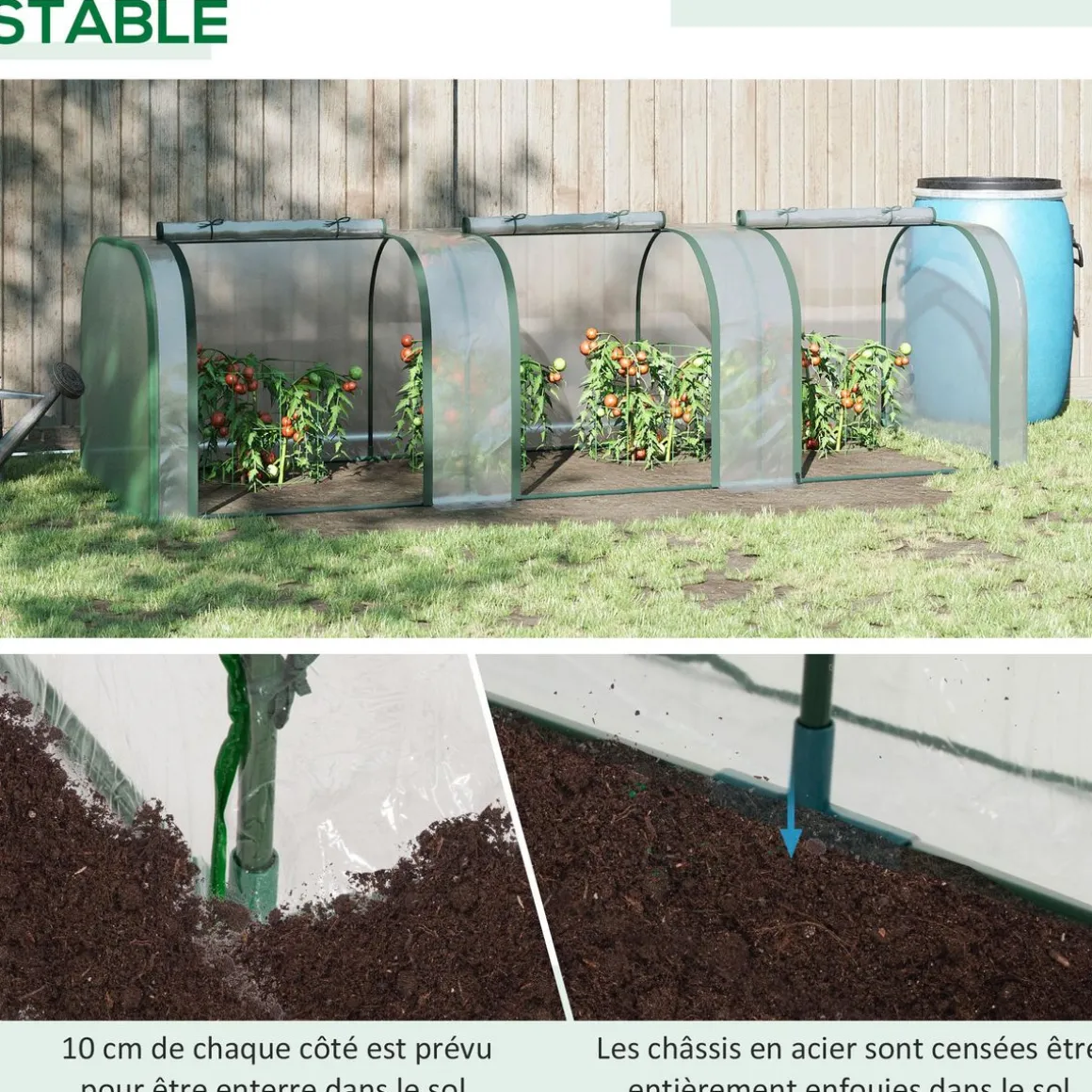 Serre de jardin tunnel 2,95L x 1l x 0,8H m 3 portes zippées bâche PVC transparent métal époxy vert