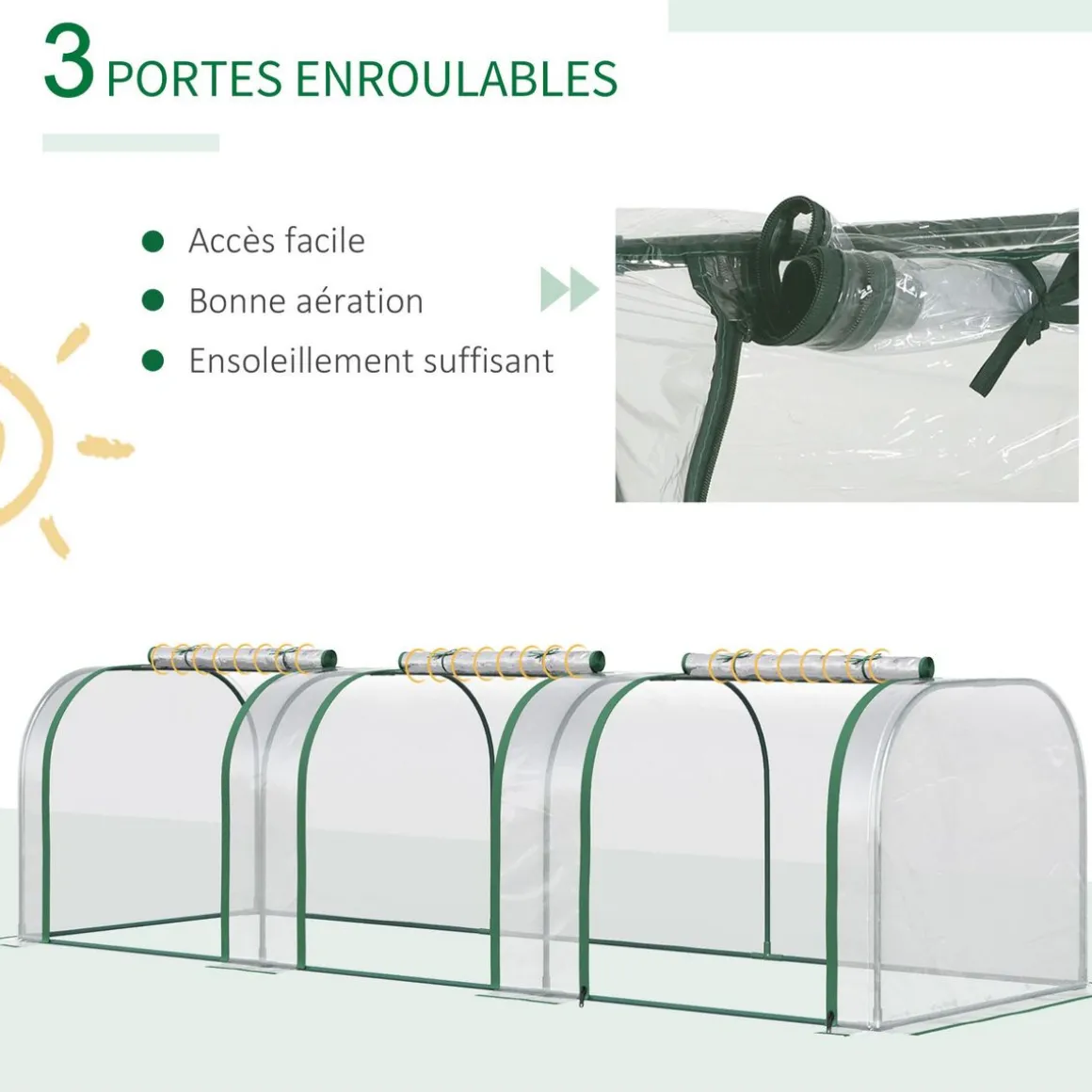 Serre de jardin tunnel 2,95L x 1l x 0,8H m 3 portes zippées bâche PVC transparent métal époxy vert