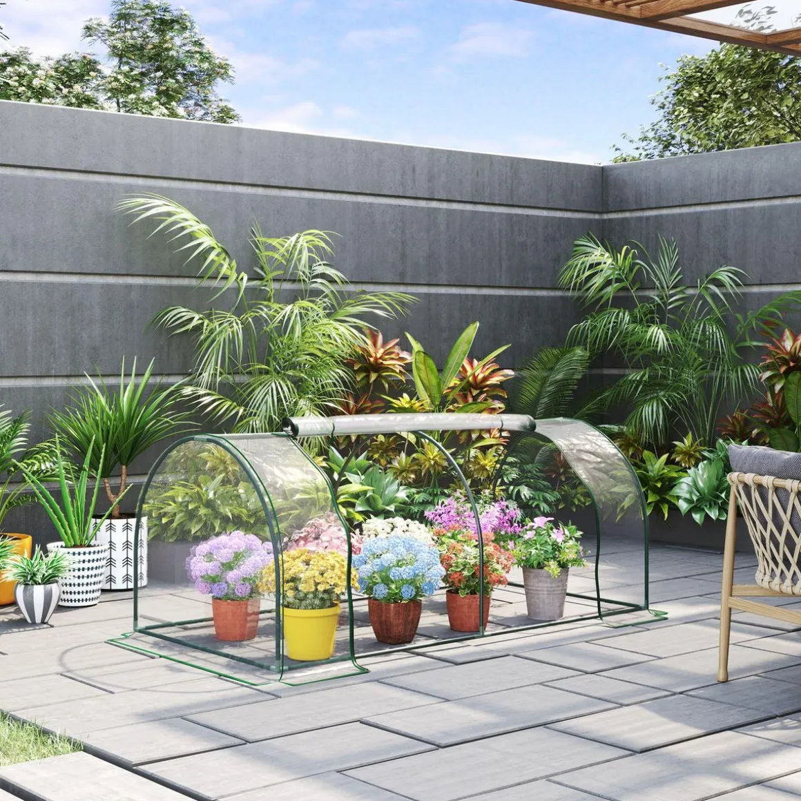 Serre de jardin tunnel serre à tomates dim. 2L x 1l x 0,8H m 2 portes zippées bâche PVC transparent acier époxy vert