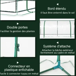 Serre de jardin tunnel serre à tomates dim. 2L x 1l x 0,8H m 2 portes zippées bâche PVC transparent acier époxy vert