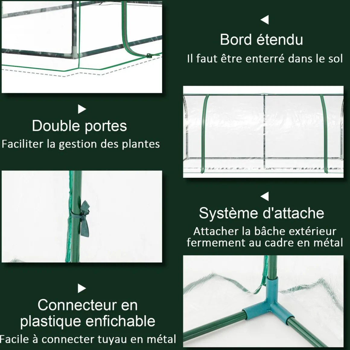 Serre de jardin tunnel serre à tomates dim. 2L x 1l x 0,8H m 2 portes zippées bâche PVC transparent acier époxy vert