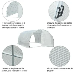 Serre de jardin tunnel surface sol 12 m² 4L x 3l x 2H m châssis tubulaire renforcé 25 mm double porte avec poignées blanc