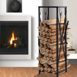 Serviteur de cheminée colonne - porte bûches - range bûches multi accessoires dim. 34L x 34l x 111H cm métal noir